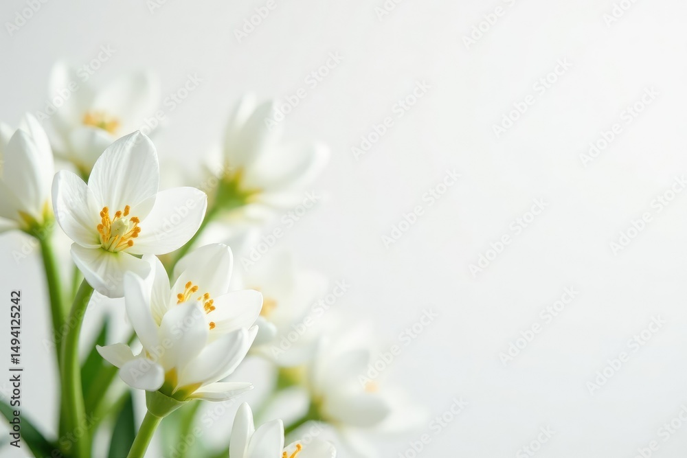 Obraz premium Delicate white flowers bloom against a pure white background, showcasing natural elegance , closeup, white blossoms, flora