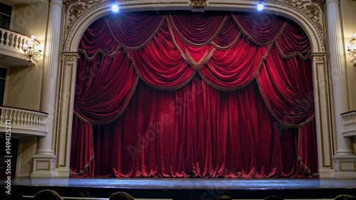 Grand theater stage with red velvet curtains closed before performance — ideal for performing arts, drama, or entertainment promotions.