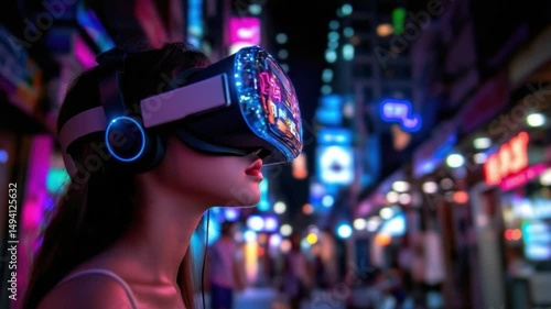 Young woman exploring virtual reality in vibrant urban setting with neon lights and futuristic atmosphere