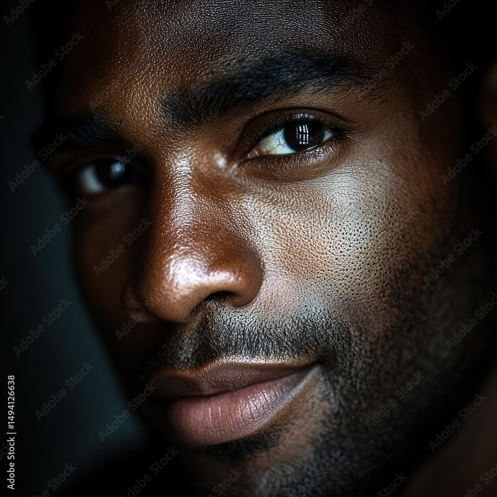 Fototapeta premium Close-up portrait of a young man with dark skin, textured skin, slight smile, and reflective eyes conveying calm confidence
