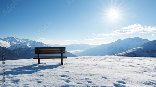 Wallpaper Mural "Lone Wooden Bench on Snowy Hilltop Overlooking Panoramic Snow-Covered Mountain Range at Sunrise" Torontodigital.ca