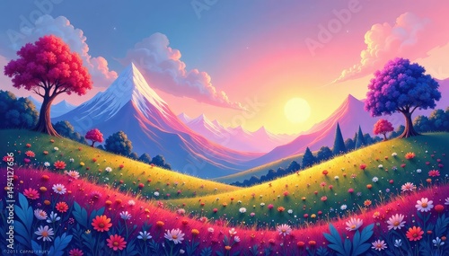 Vibrant digital illustration of a whimsical, abstract landscape , painting, contemporary art, graphic