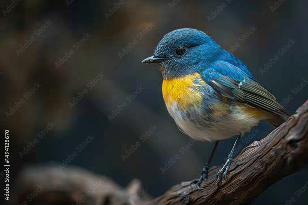 Obraz premium a small blue and yellow bird sitting on a branch