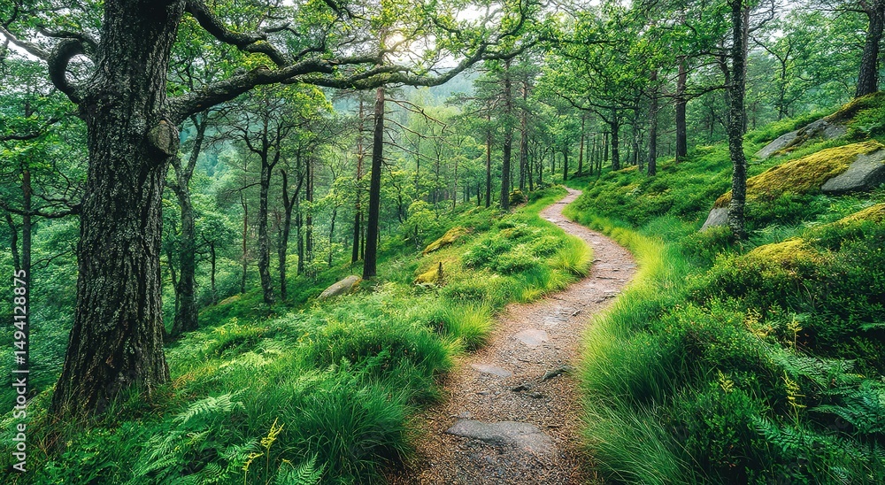 Fototapeta premium Scenic Forest Path Winding Through Lush Green Trees