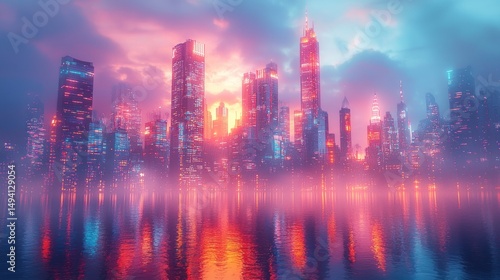 Futuristic city skyline at dawn, vibrant colors, reflected in water