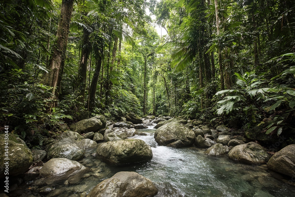 Obraz premium Lush Tropical Forest Stream Scene