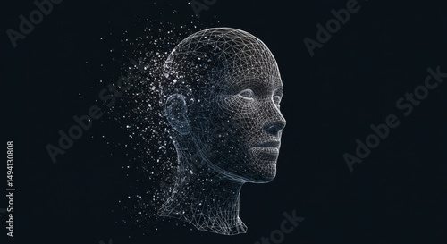 Digital transformation concept with human head wireframe and disintegration effect