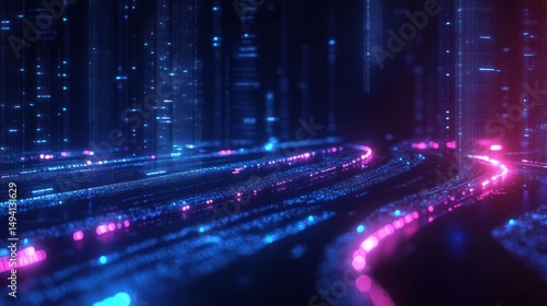 Glowing flowing streams of complex blue and pink digital data lines against a dark background conveying a futuristic high-tech atmosphere