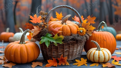 Autumn harvest basket with pumpkins and leaves