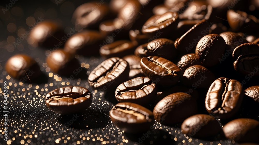 Coffee Beans on Glittered Dark Moody, Aromatic Close-Up Coffee Beans on Glittered Dark Moody, Aromatic Close-Up