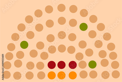 Abstract Semicircle: Tan, Green, Red, Orange Circles, Seating Arrangement, Minimalist Design.