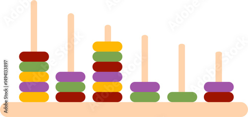 Stacked Rings Tower Toy, Colorful Wooden Disks on Pegs, Decreasing Height.