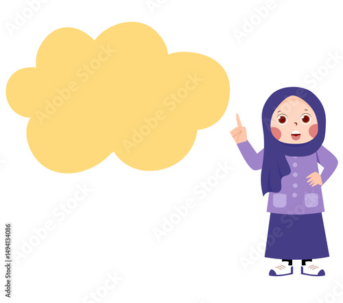 Cartoon girl in hijab pointing at yellow cloud thought bubble, isolated.