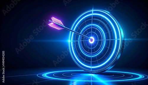 Futuristic Digital Target with Neon Arrow Hitting Center of Circle on Dark Background