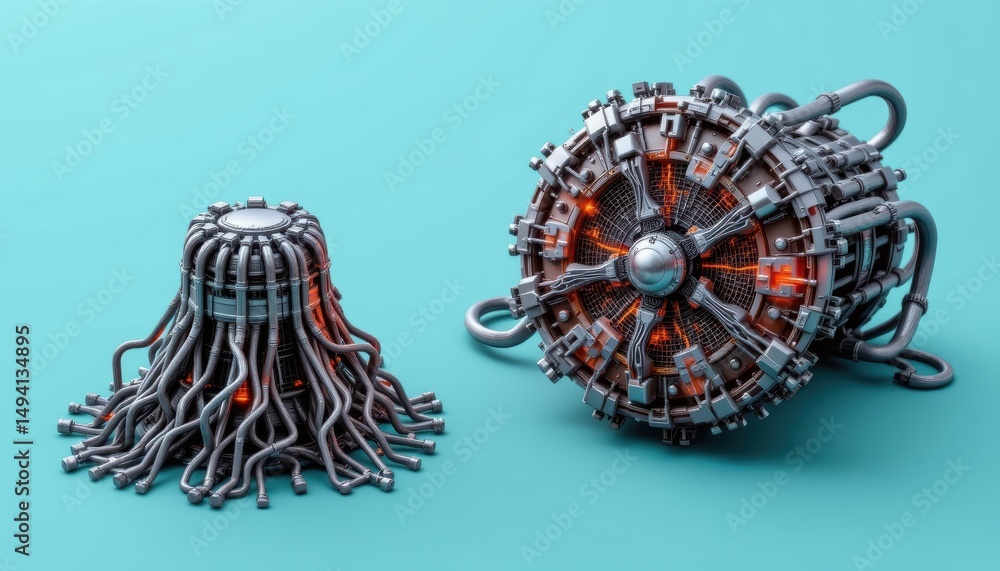 Naklejka premium Abstract Metallic Sculpture Featuring Interconnected Forms and Dynamic Patterns Against Turquoise Background