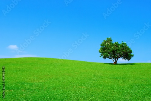 Tranquil Green Meadow With Single Tree Under Blue Sky