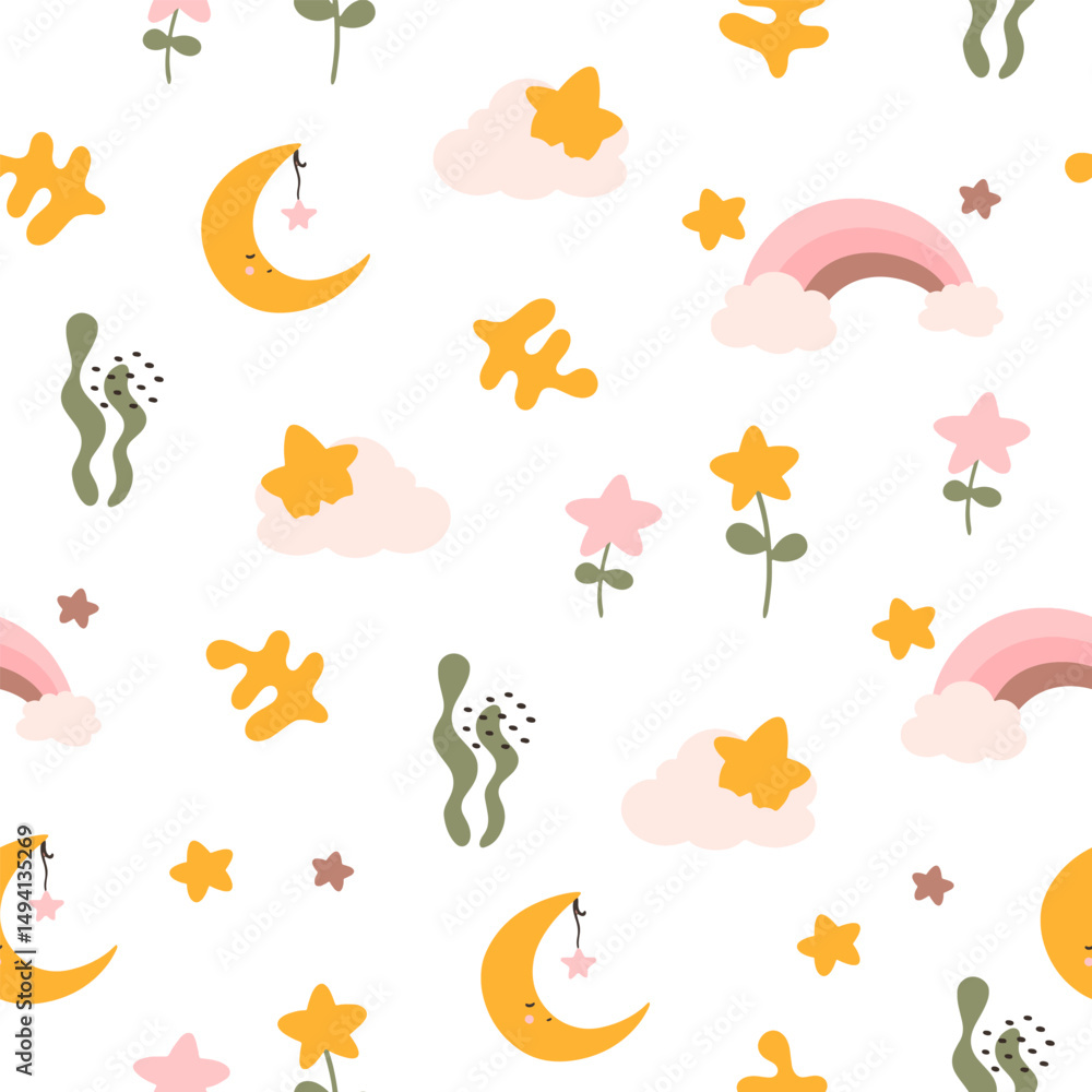 Fototapeta premium Toddler nursing and health care and hygiene products with decorative elements for baby shower design. Pattern.