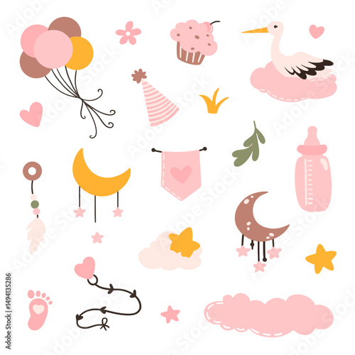 Toddler nursing and health care and hygiene products with decorative elements for baby shower design.	
