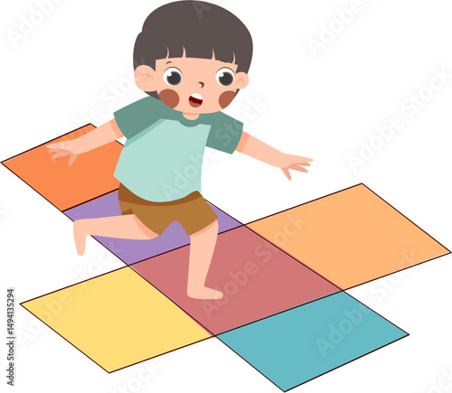 Cheerful boy playing hopscotch on colorful squares, childhood fun, outdoor game. Indonesian Traditional Games