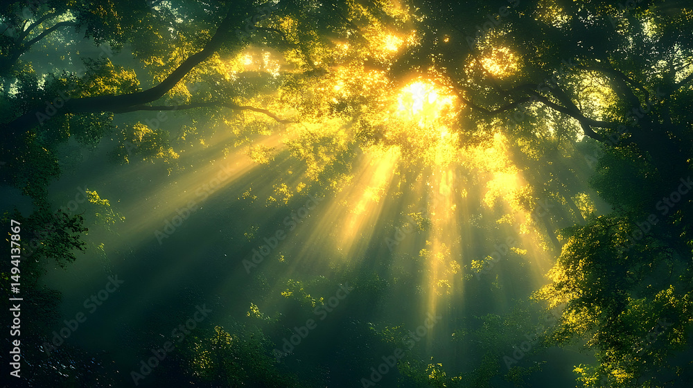 Obraz premium Sunlight beams through misty forest canopy, illuminating the undergrowth.