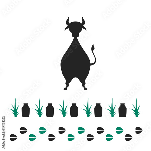 Cow silhouette icon with milk bottle, grass, and hoof print Cow silhouette icon with bottle,grass and animal hoof print,cow footprint sign,illustration for livestock symbol,dairy farm product design 