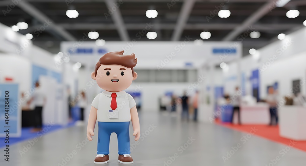 Fototapeta premium Smiling Cartoon Figurine at a Busy Trade Show