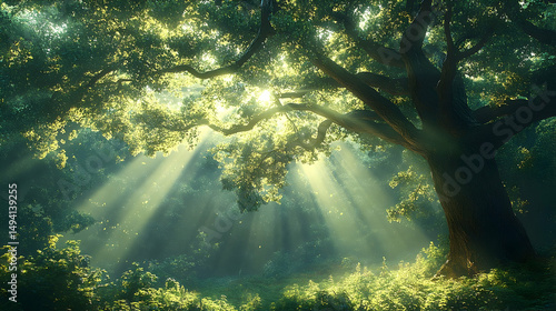 Lush forest scene bathed in golden sunlight.
