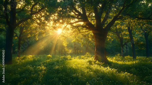 Lush forest scene bathed in golden sunlight.