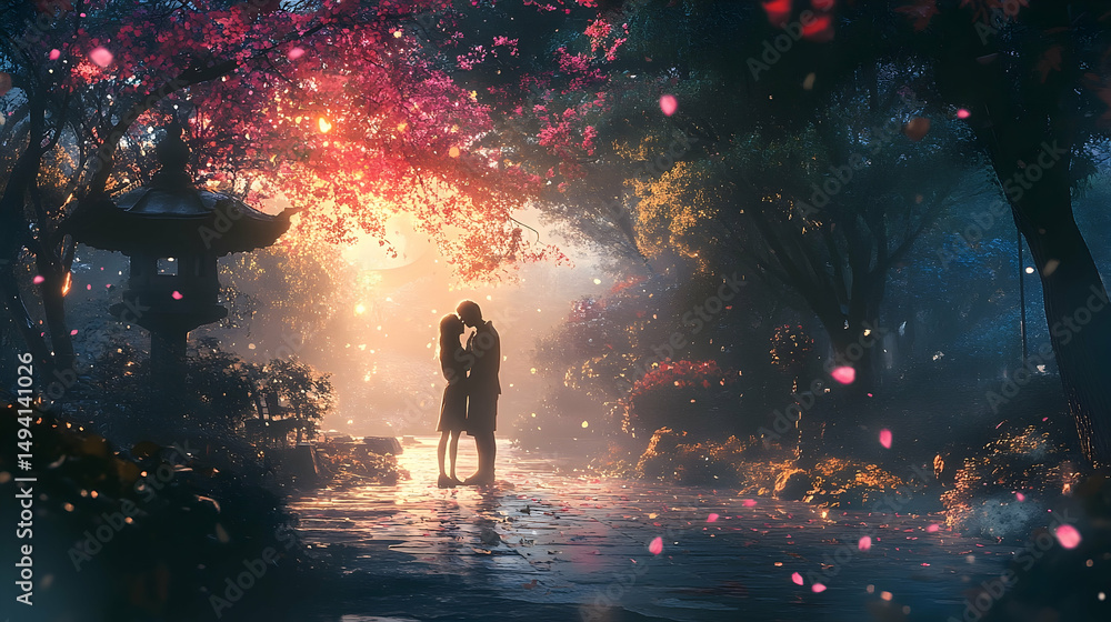 Fototapeta premium Romantic couple kissing beneath a blossom-filled garden.