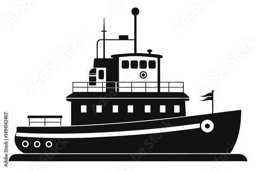 tugboat illustration black and white detailed