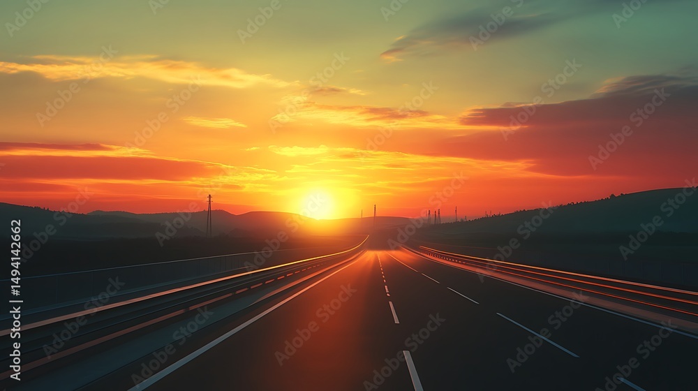 Obraz premium Serene Sunset Over Open Highway with Vibrant Colors in Sky