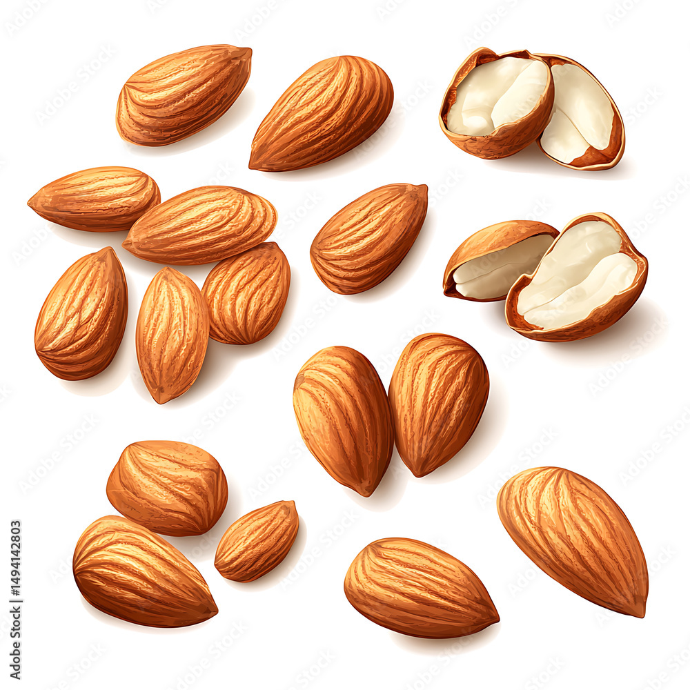 Realistic and artistic representations of almonds, almond farming, processing, and almond-based products like milk, butter, and oil isolated on a white background. Realistic and artistic representations of almonds, almond farming, processing, and almond-based products like milk, butter, and oil isolated on a white background.
