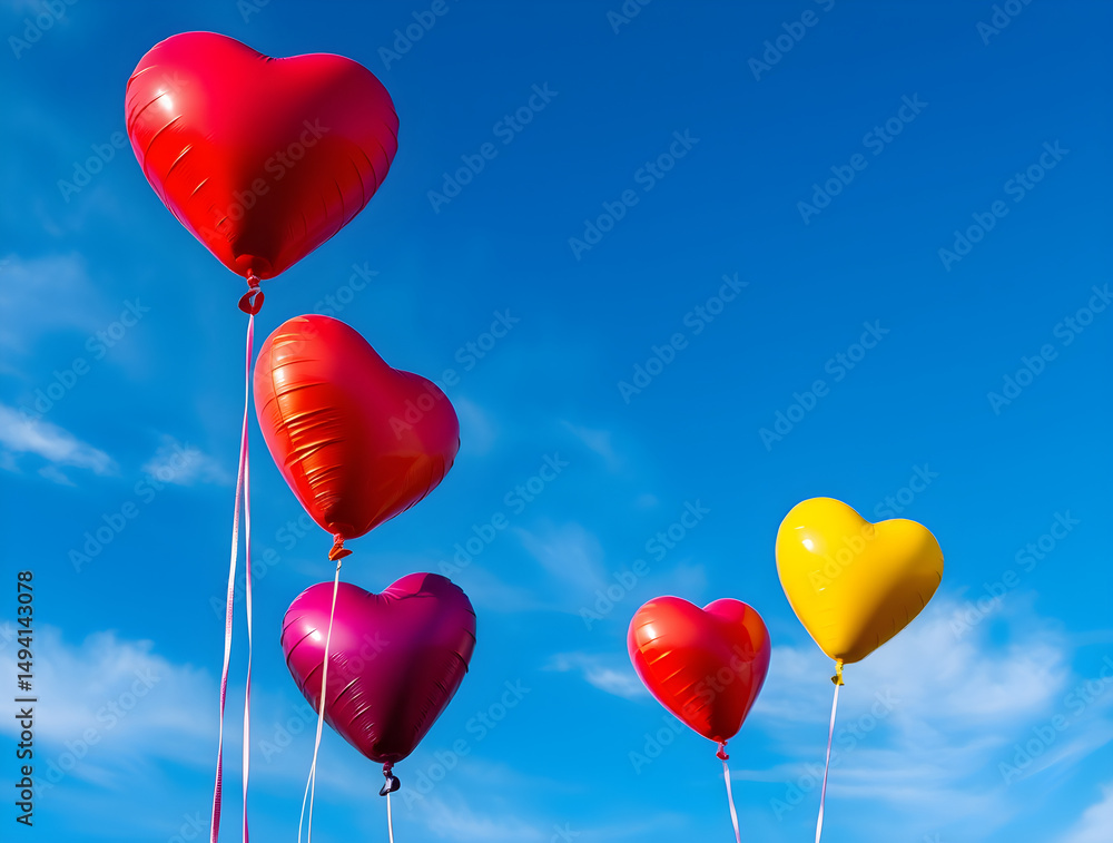 Colorful heart-shaped balloons floating in a bright blue sky Colorful heart-shaped balloons floating in a bright blue sky