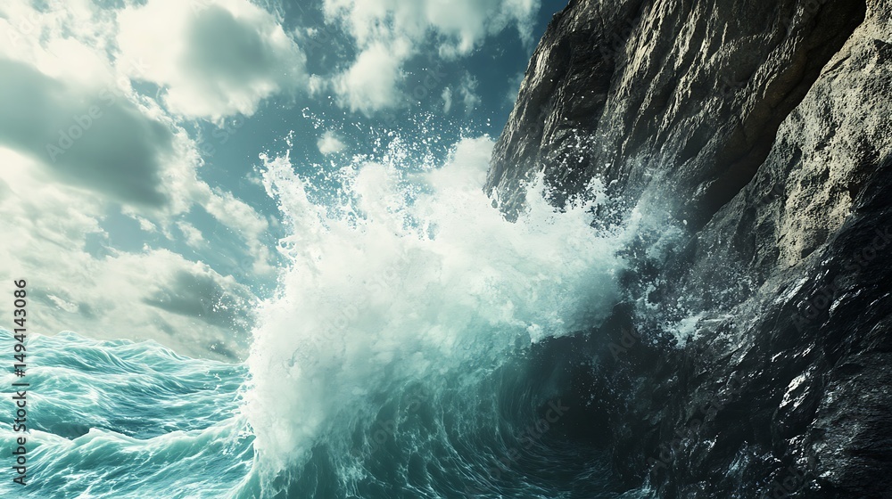 Naklejka premium Wave Crashing Against Rocky Shore Under Dramatic Sky at Sunset