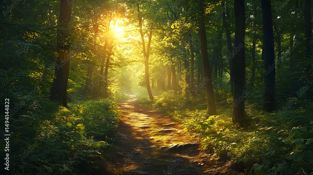 Obraz premium Sunlit path through a verdant forest at dawn.
