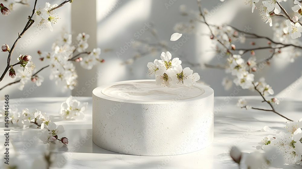 Elegant white pedestal surrounded by delicate cherry blossoms. Elegant white pedestal surrounded by delicate cherry blossoms.