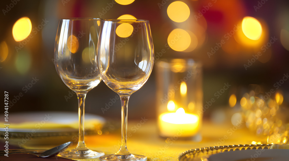 Elegant dinner table with wine glasses and candles, a romantic evening for two Elegant dinner table with wine glasses and candles, a romantic evening for two