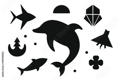 Dolphin sea creature icons silhouette art black and whit