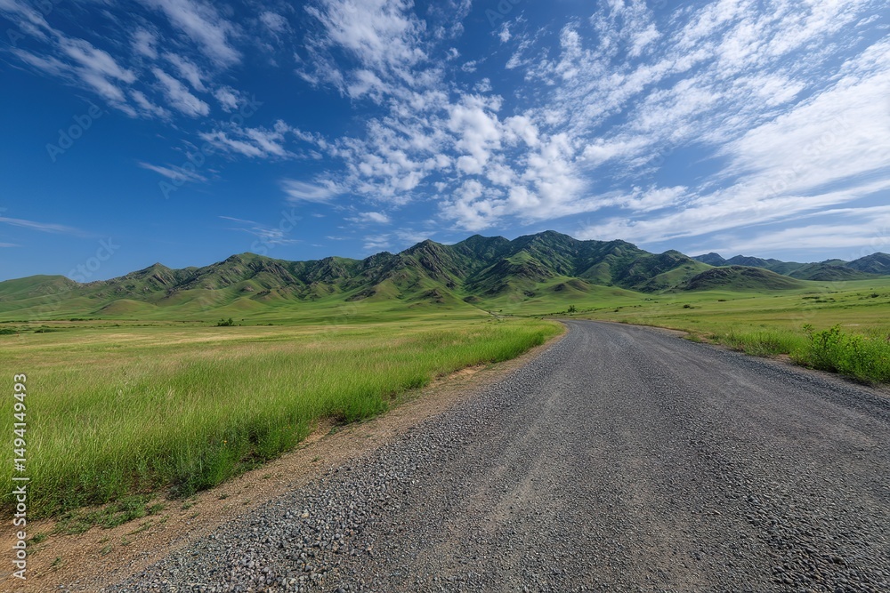 Gravel Road Through Green Plains And Mountains Under Sunny Blue Sky Gravel Road Through Green Plains And Mountains Under Sunny Blue Sky