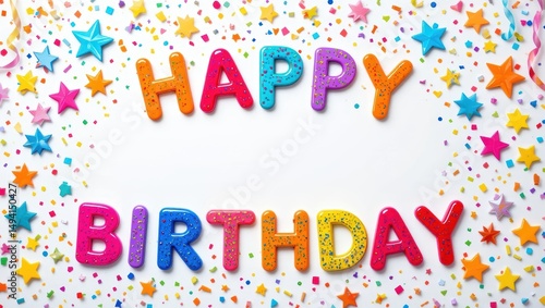Colorful Birthday Celebration Decorations with Happy Birthday Letters and Star Confetti