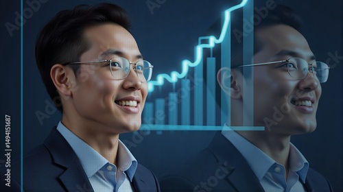 Businessman smiling while analyzing growth graph on digital screen  