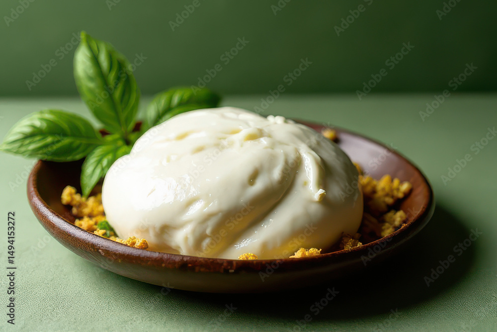 Tempting Burrata Cheese Plate: Rustic Corner, Sage Green Background, Clean Food Photography, Soft Daylight Radiance, Spacious Layout, High Resolution Tempting Burrata Cheese Plate: Rustic Corner, Sage Green Background, Clean Food Photography, Soft Daylight Radiance, Spacious Layout, High Resolution