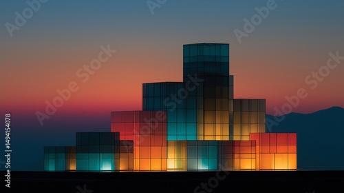 Illuminated Cube Structures at Dusk: A mesmerizing arrangement of glowing cube structures casts vibrant hues of orange, blue, and green against a breathtaking twilight sky.