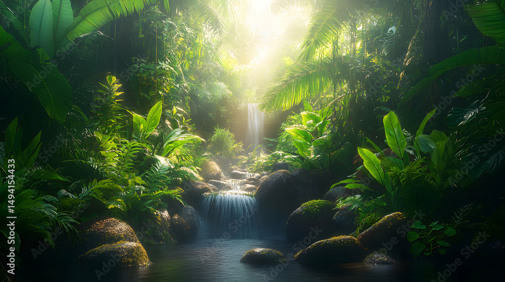 Fototapeta premium Serene jungle waterfall cascading over mossy rocks, sunlight filtering through lush green foliage. Tranquil nature scene.