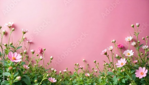 A vibrant pink backdrop showcases a serene natural scene, featuring delicate wildflowers and lush green foliage Perfect for spring, feminine, or nature-themed projects , artistic, dreamy, soft