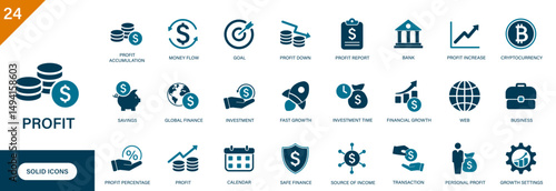 Profit icon. Containing money, growth, investment, business, profit percentage, source of money. Solid vector icons set.
