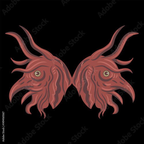 Symmetrical design with two heads of fantastic demons or monsters. Medieval European illuminated manuscript motif. Red ornament on black background.