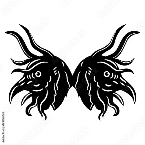 Symmetrical design with two heads of fantastic demons or monsters. Medieval European illuminated manuscript motif. Black and white silhouette.