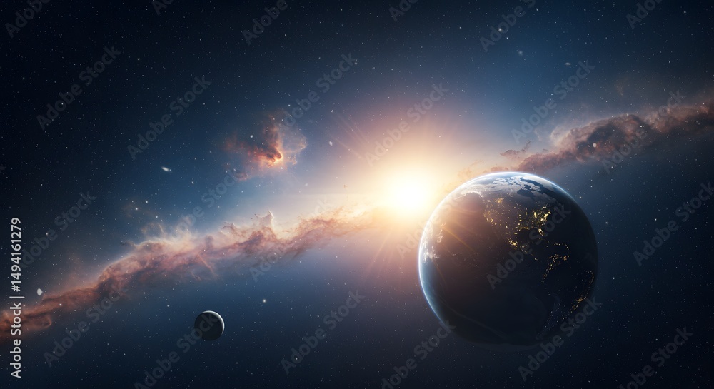 Fototapeta premium View from space of Earth during sunrise, surrounded by colorful nebula and galaxy great for space documentaries, digital wallpapers, or Earth Day messages.