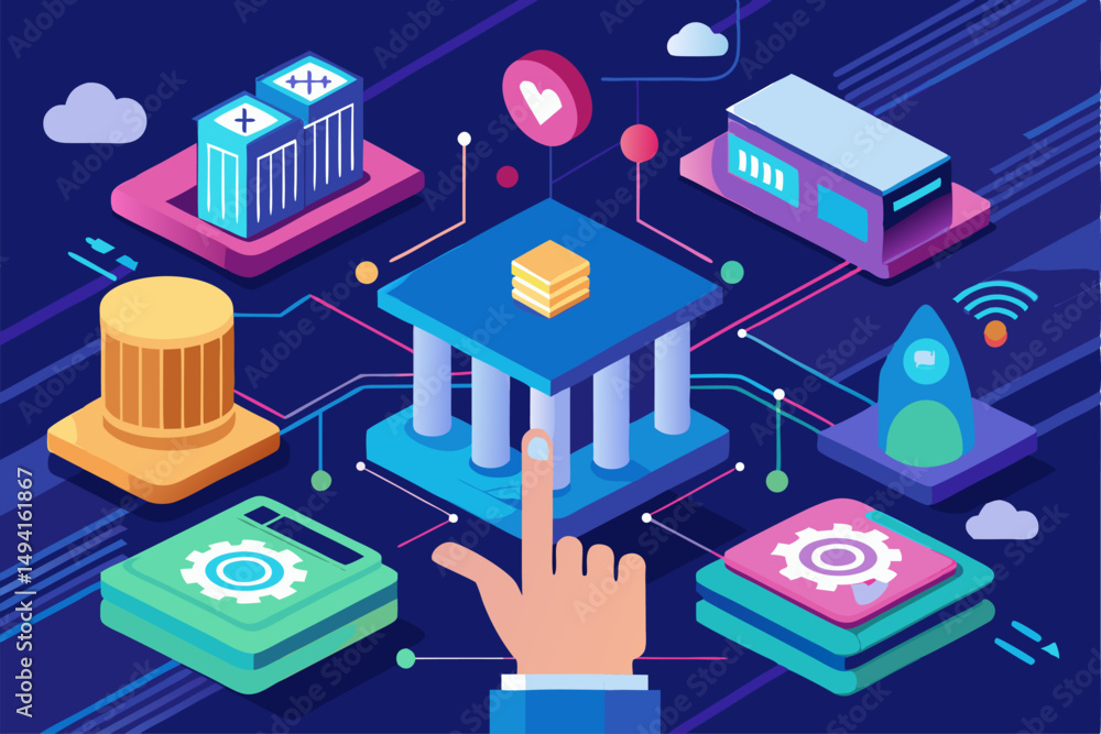 Fototapeta premium Futuristic digital banking concept showing a businessperson interacting with a virtual user interface. Features a glowing bank icon, financial technology symbols, global data map, and high-tech HUD 